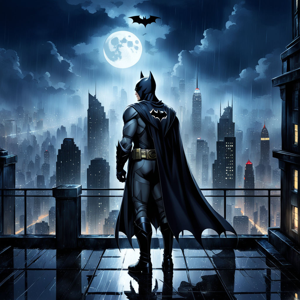 Batman surveys Gotham City from a skyscraper rooftop by Grating_Bow ...