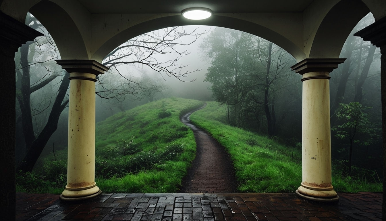 Misty Outdoor Archway Scene with Lush Greenery Virtual Background