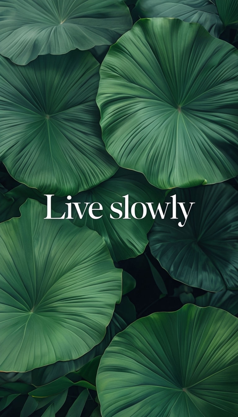 Lush Green Tropical Leaves with 'Live Slowly' Text Mobile Wallpaper