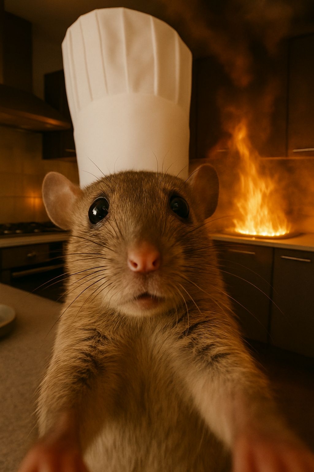 Humorous Chef Rat in Modern Kitchen with Flames Photo Art