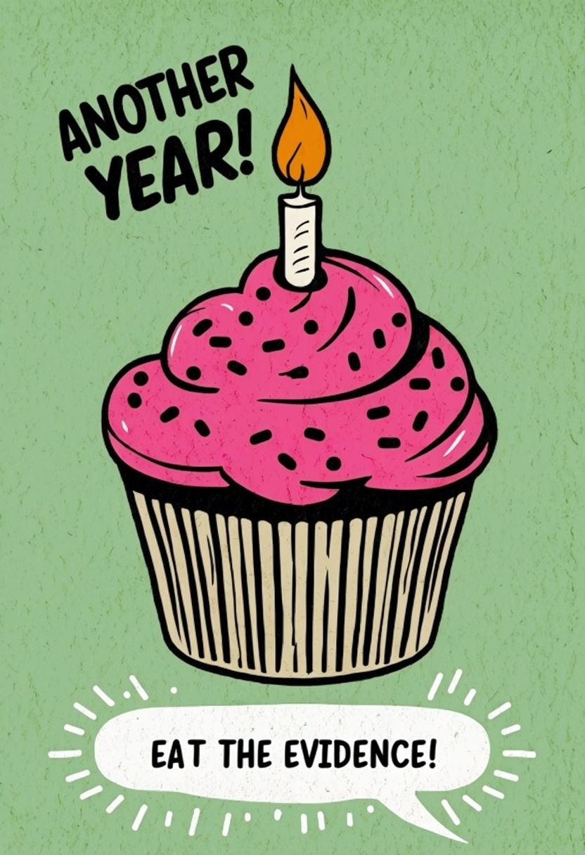 Humorous Cupcake Illustration with Fun Quotes for Birthday Card Invite