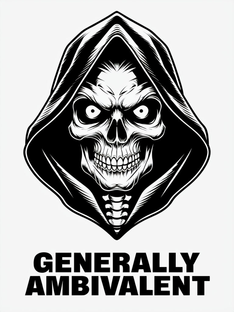 Skull Faced Skeletal Figure with Ambivalent Text T-Shirt