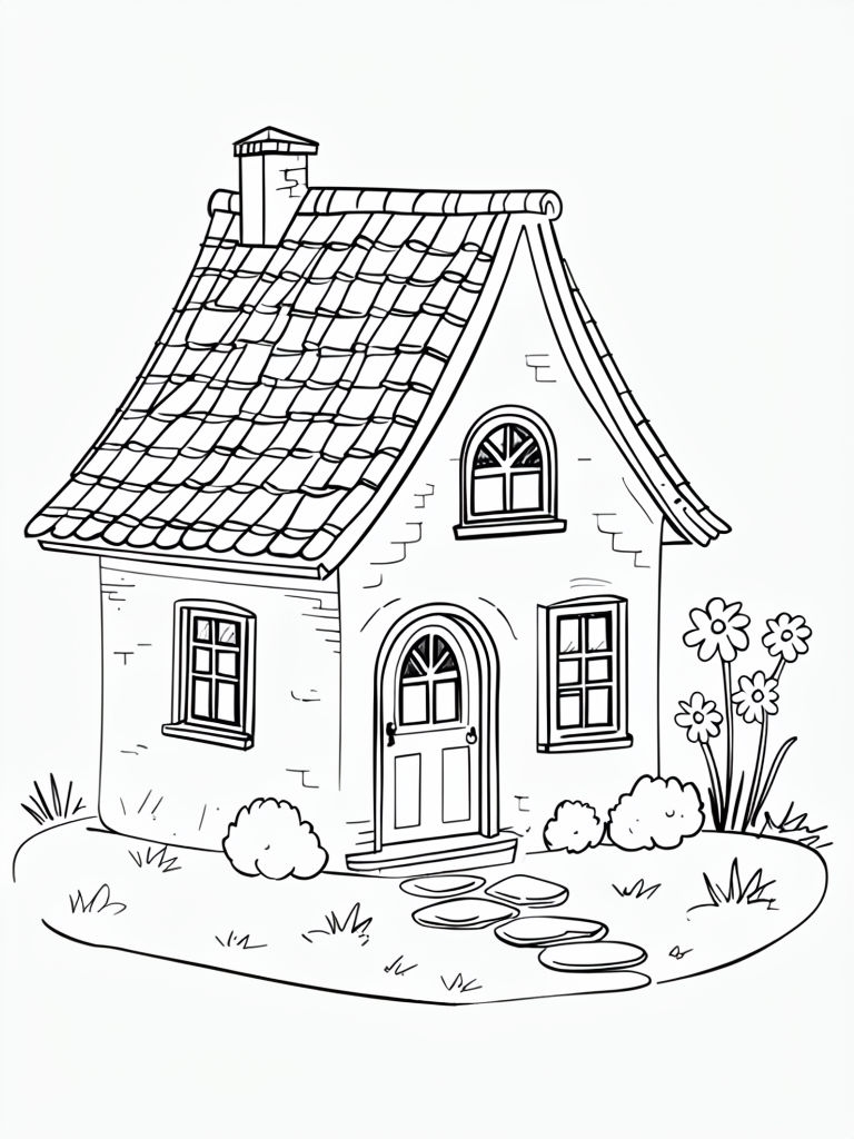 Charming Small House Line Drawing for Relaxing Coloring Book Pages