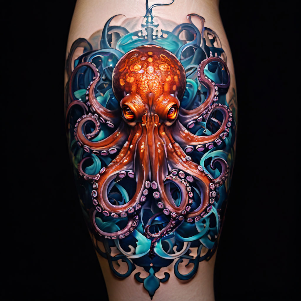 blue and pink long octopus leg tattoo