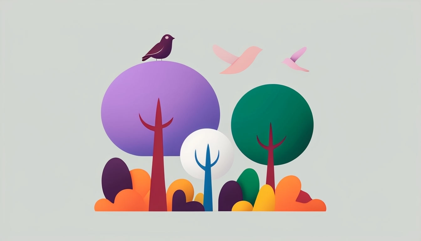Whimsical Minimalist Nature Scene with Trees and Birds Background