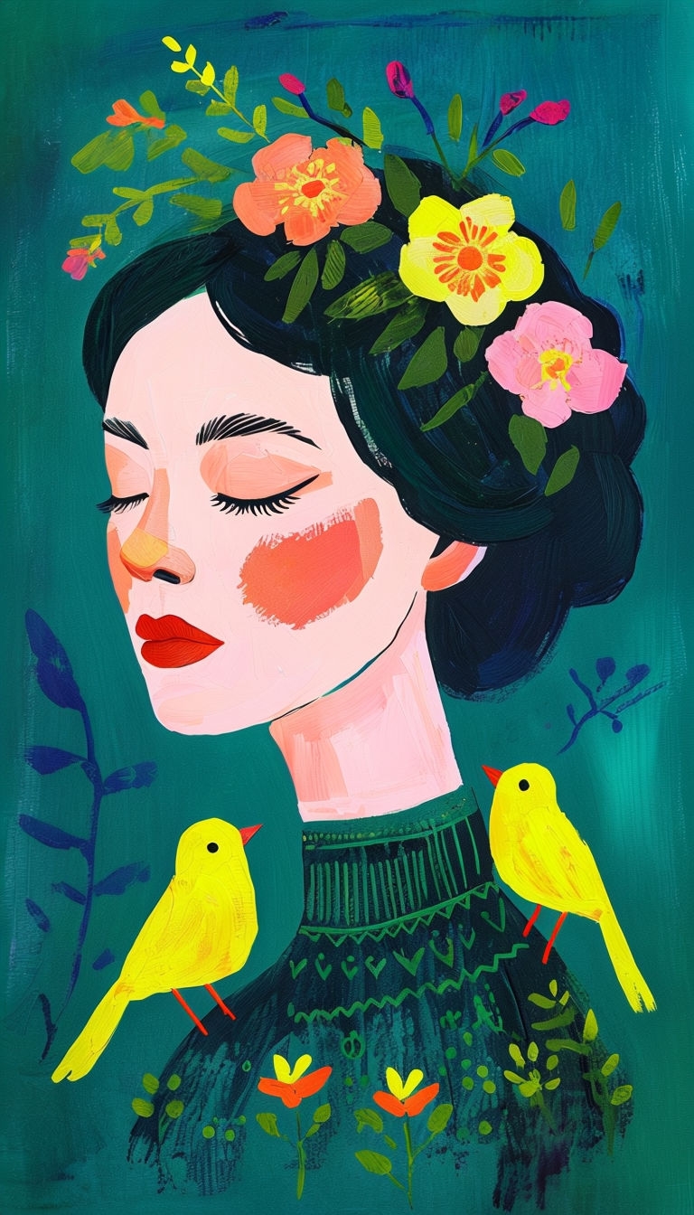 Vibrant Portrait of a Serene Figure with Floral Accents Art