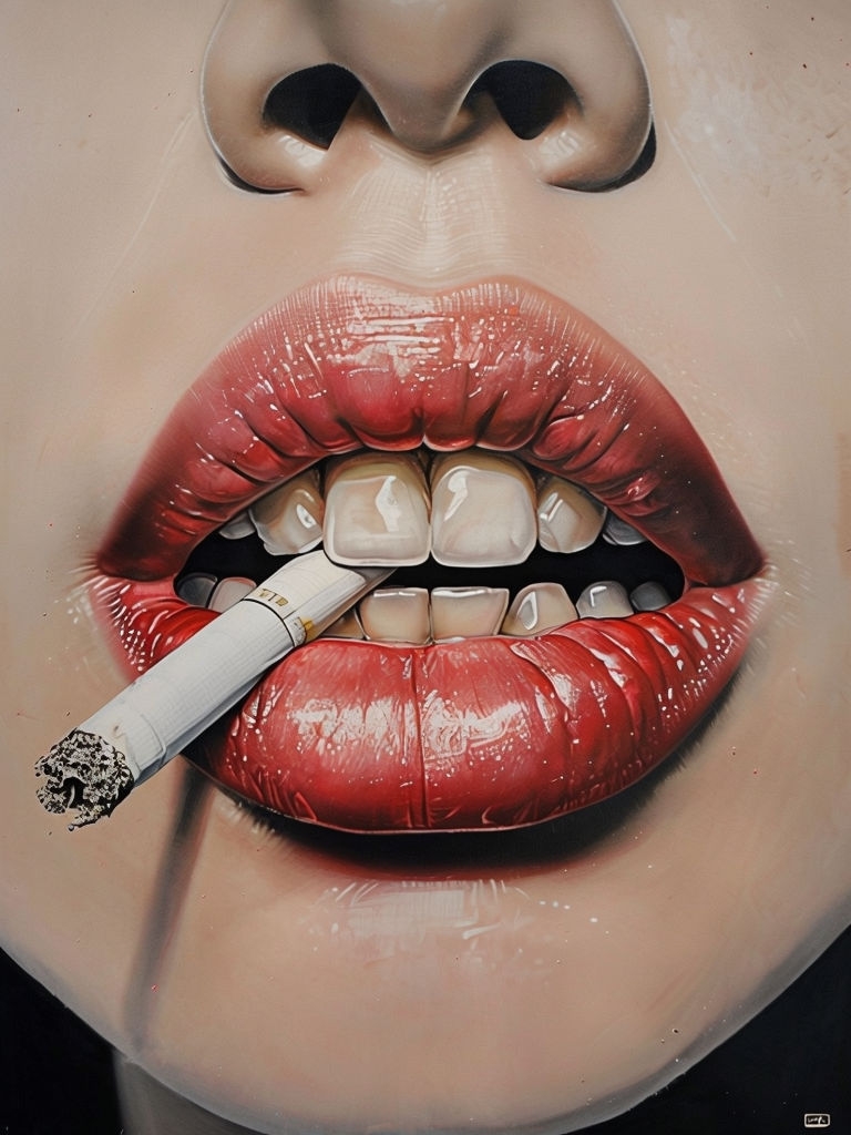 Glossy Red Lips with Cigarette Intense Close-up Painting Poster