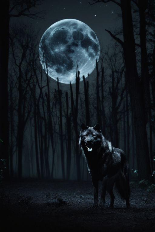 Prompt: Lobo alfa negro, luna menguante Miedo, bosque oscuro Noche fría 