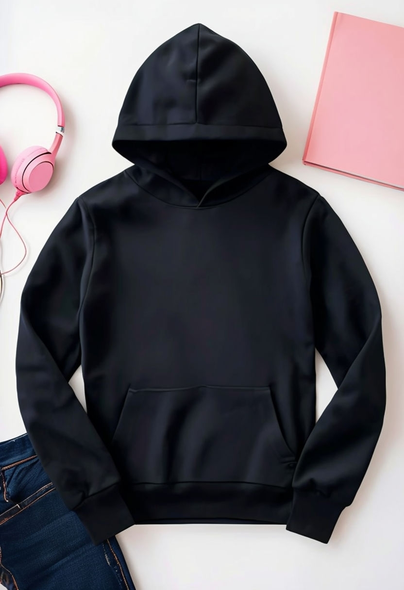 Stylish Black Hoodie with Casual Accessories Mockup