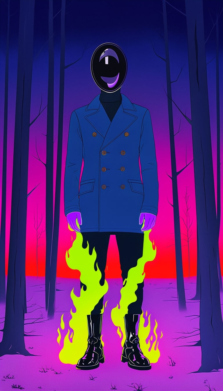 Surreal Neon Forest Figure with Eerie Flames Mobile Wallpaper