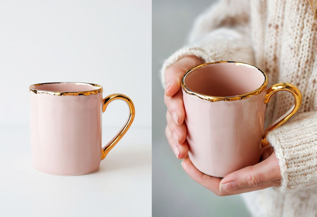 Elegant Pale Pink Ceramic Mug with Gold Accents Mockup