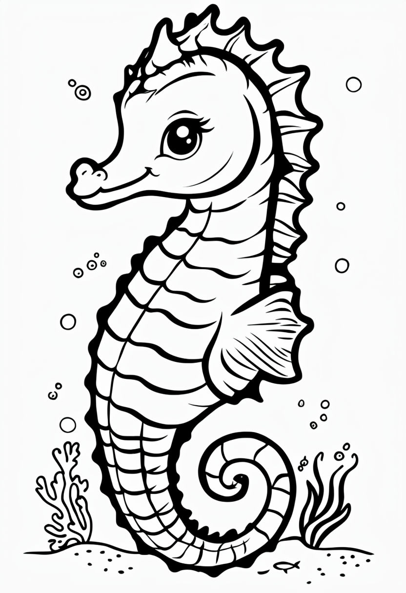 Cartoon Seahorse Line Drawing for Fun Coloring Book Pages