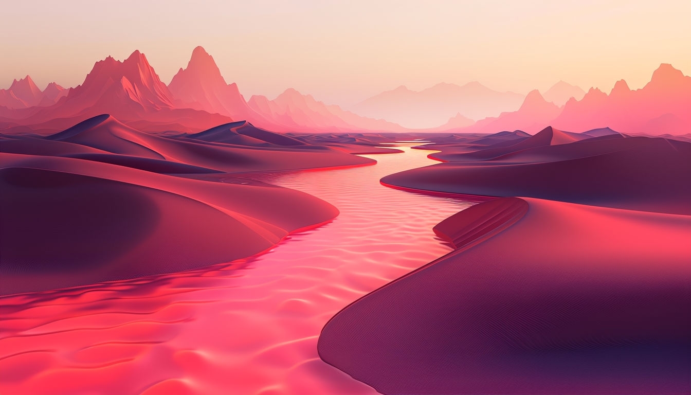 Surreal Coral Pink River Flowing Through Dark Sand Dunes Background