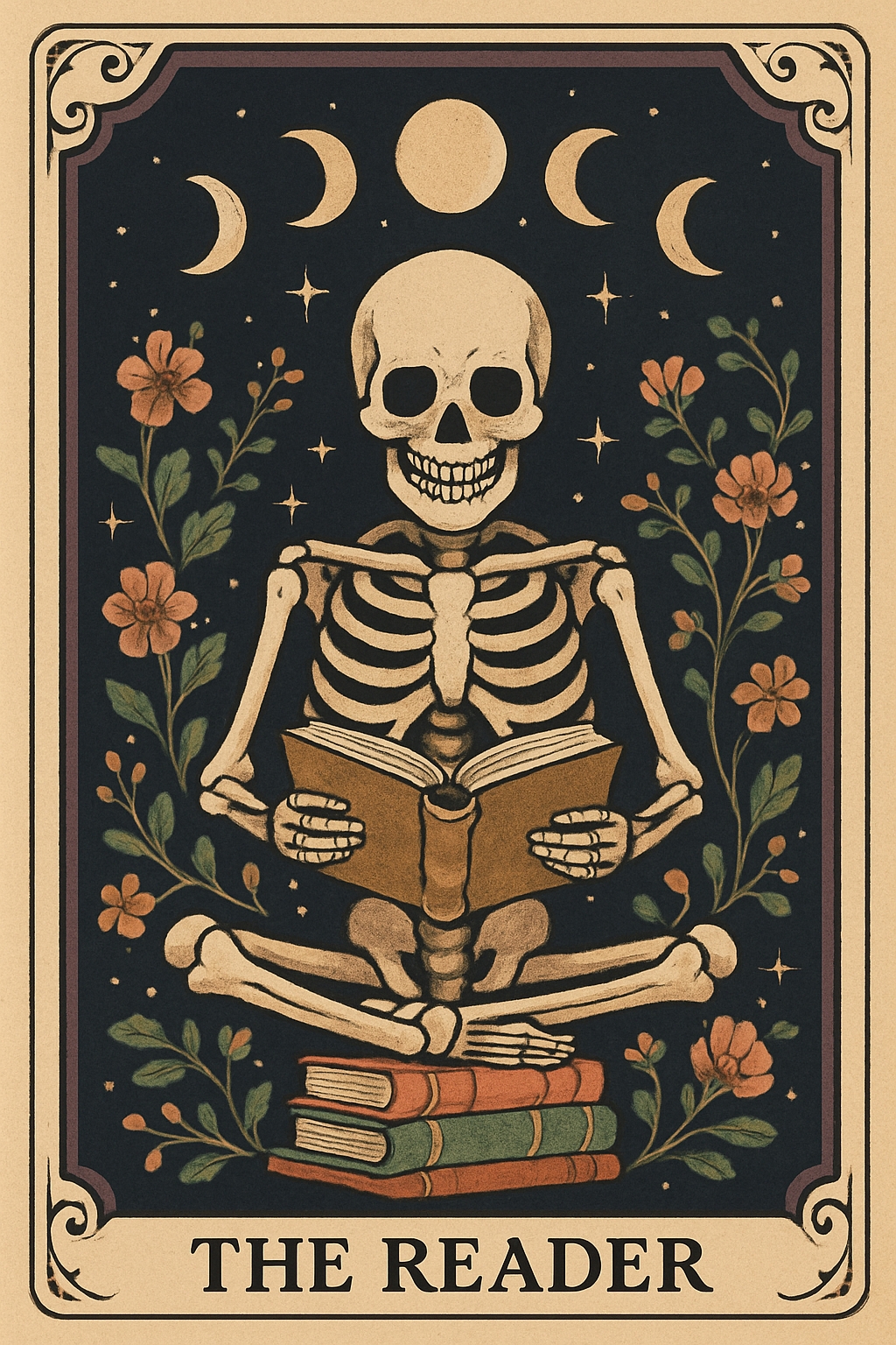 Whimsical Skeleton Reading Book with Lunar Phases T-Shirt