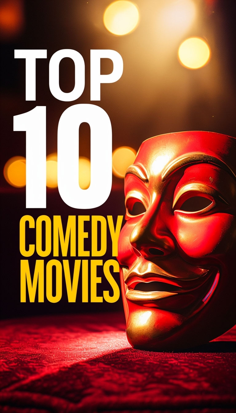 Vibrant Red and Gold Comedy Mask with Top 10 Movies Text Social Media Post