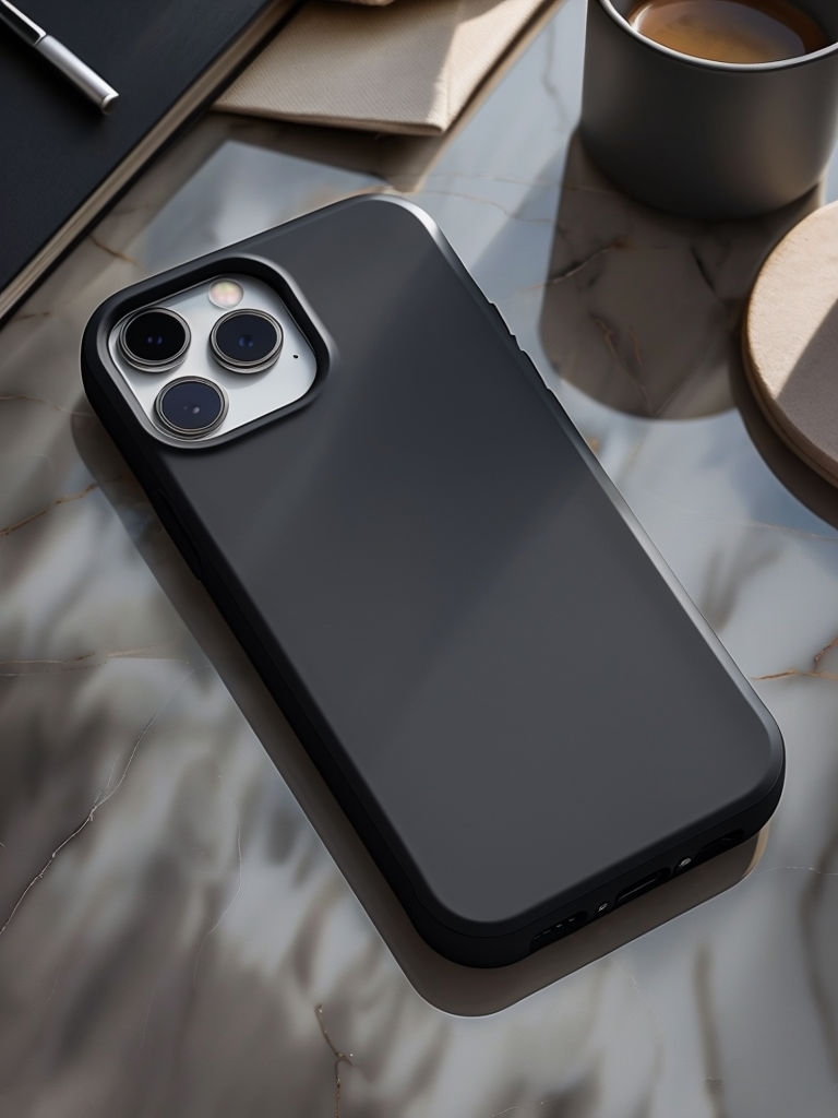 Sleek Black iPhone Case Photography on Luxury Marble Surface Mockup