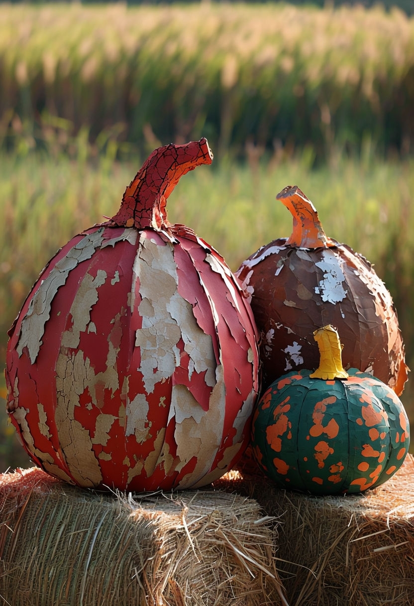 Artfully Crafted Paper Mache Pumpkins on Hay Bales in Rustic Autumn Setting Poster