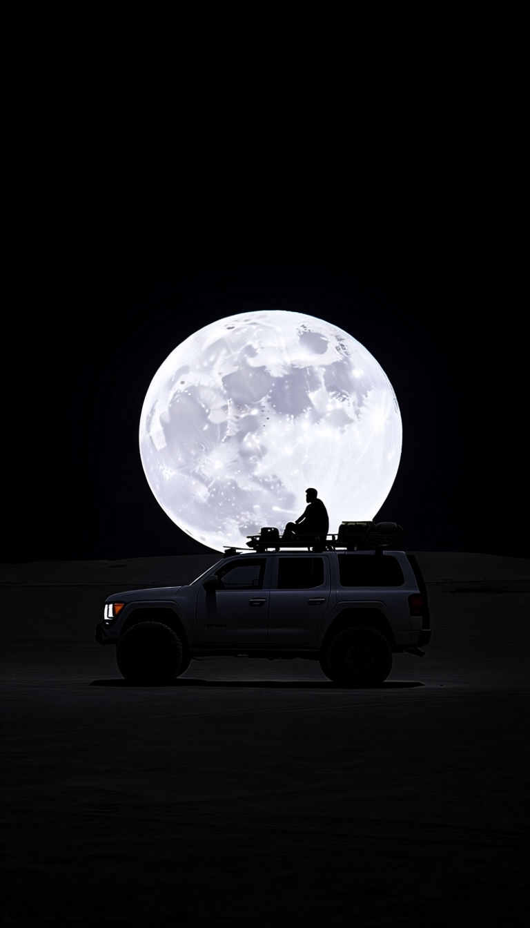 Silhouetted Off-Road Vehicle Under Bright Full Moon Mobile Wallpaper