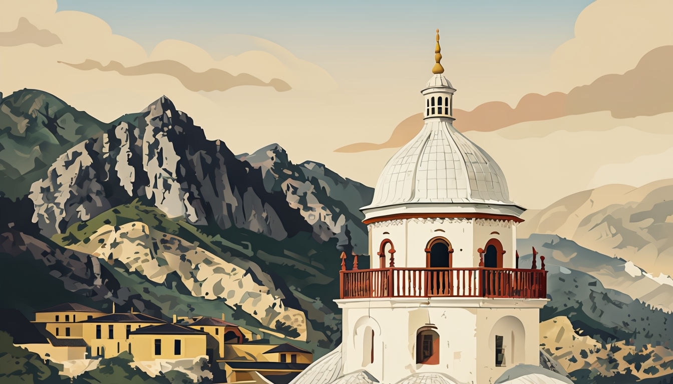 Vintage Travel Poster Style White Tower Illustration Background