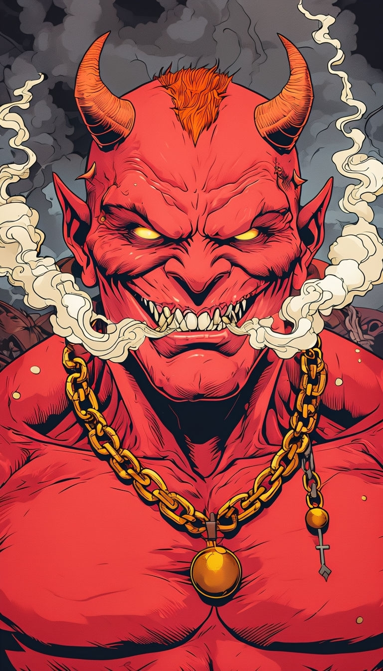 Menacing Red Demon Close-Up Illustration with Hellish Vibes Mobile Wallpaper