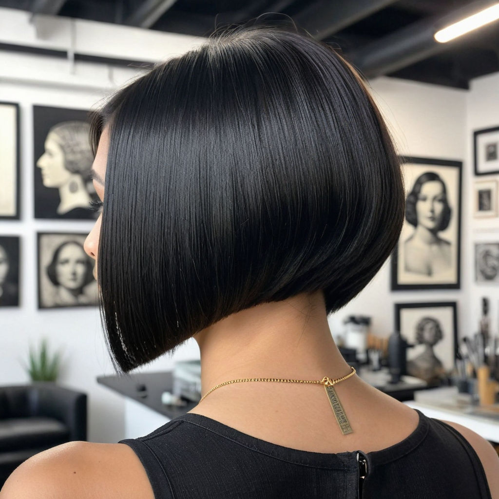 providing an angular and elegant silhouette. The asymmetry of the inverted  bob adds a touch of drama to the look. It can be customized to suit  different hair textures and lengths