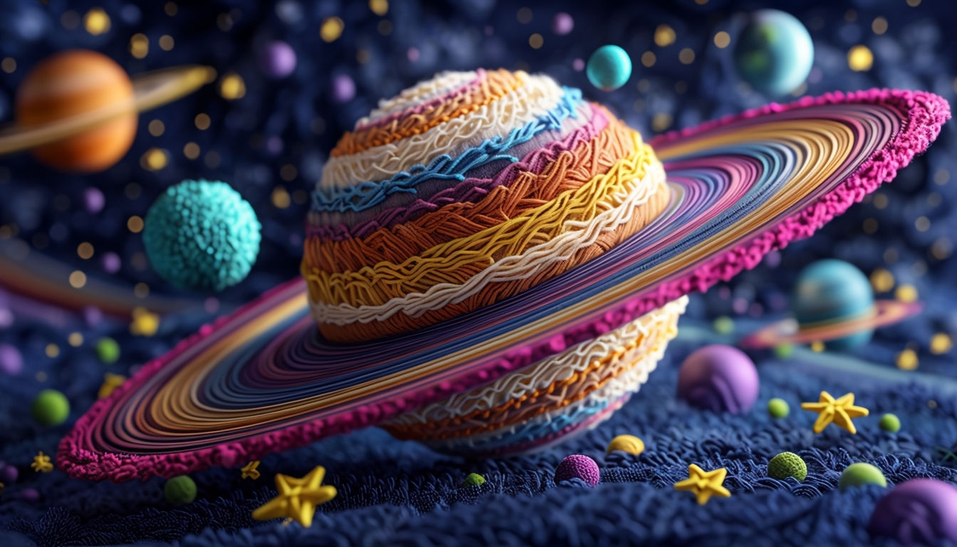 Whimsical Knitted Cosmic Scene with Vibrant Planets Background