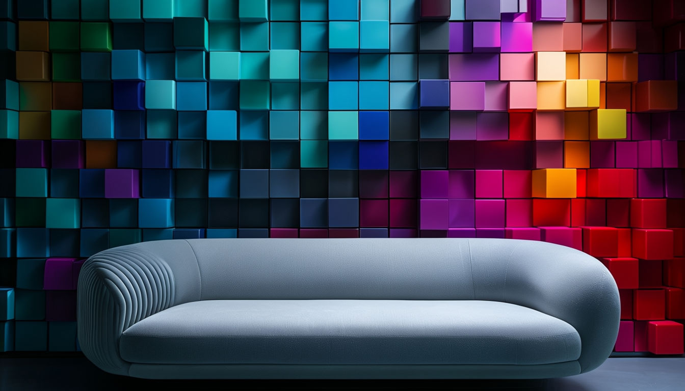 Contemporary Artistic Interior with Curved Sofa and Colorful Cube Wall Art