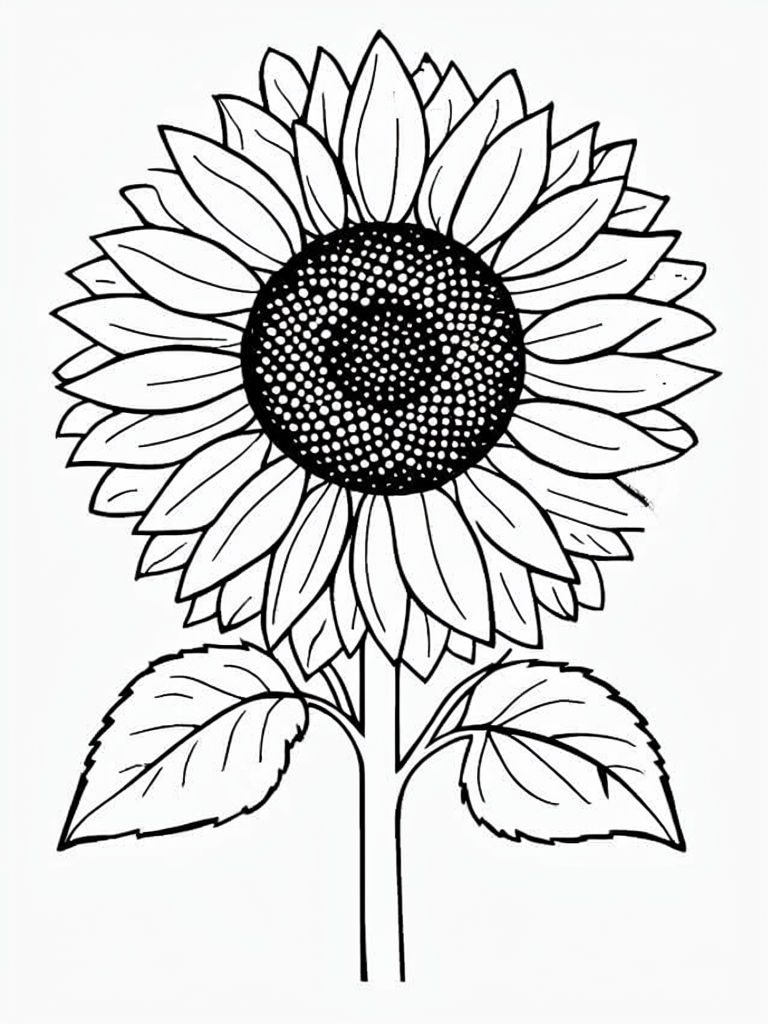 Elegant Black and White Sunflower Line Drawing for Coloring Book Pages