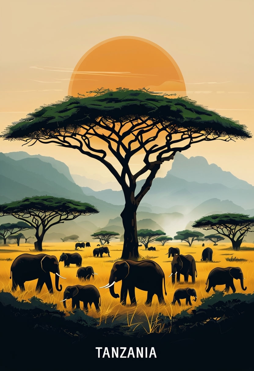 Serene Tanzanian Savanna Sunset with Elephants Illustration Poster