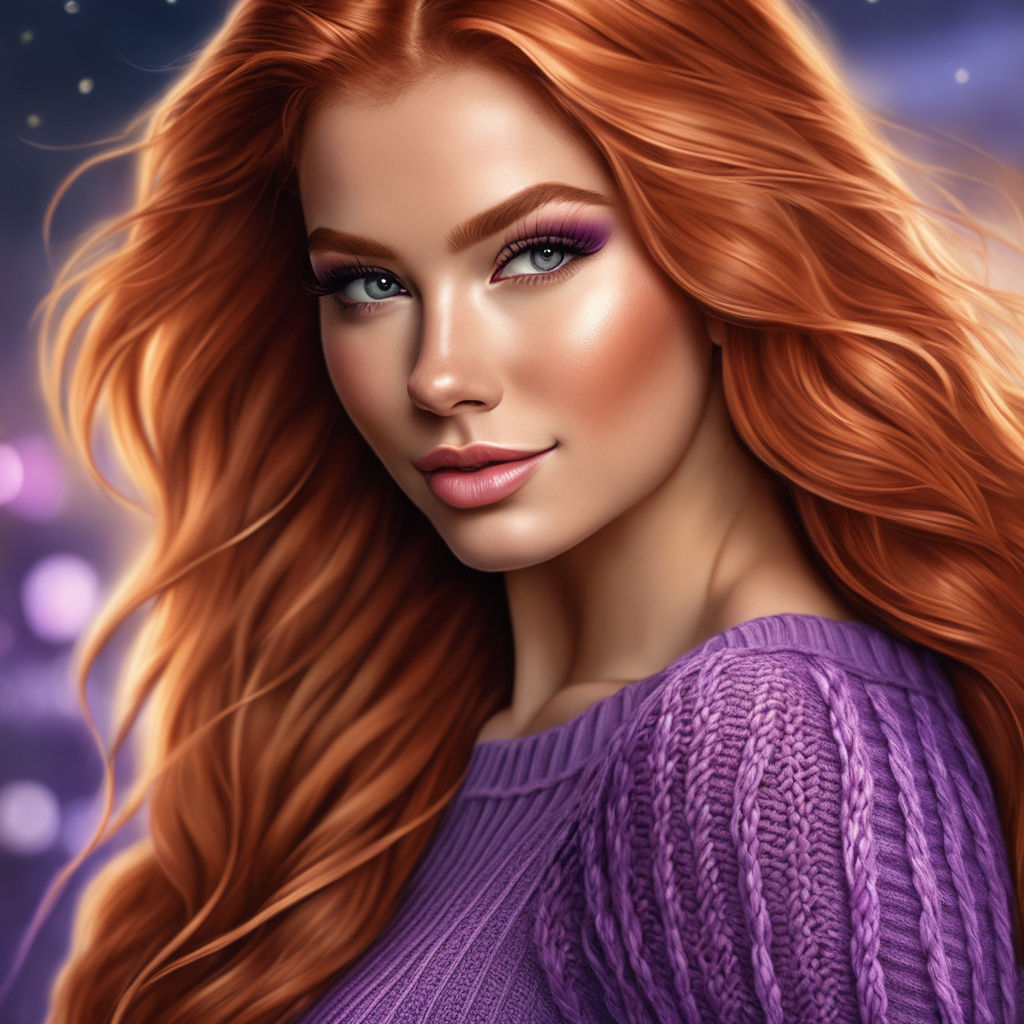 A curvy redhead imperfect woman laughing The woman wears casual and  comfortable clothing in earthy or purple colors and a purple cap Natural  Expressions: Specify realistic facial expressions