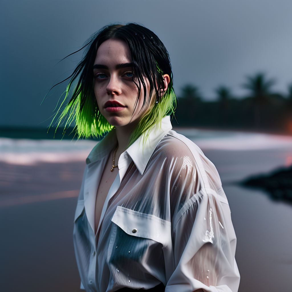 photo of a Billie Eilish very pretty girl in a bikini at the pool