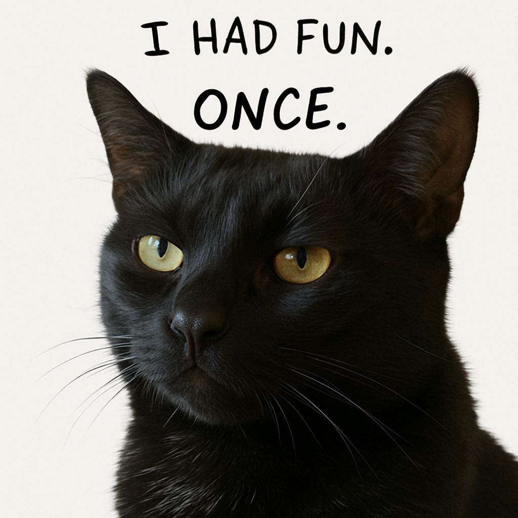 Close-Up Black Cat Portrait with Fun Text Sticker