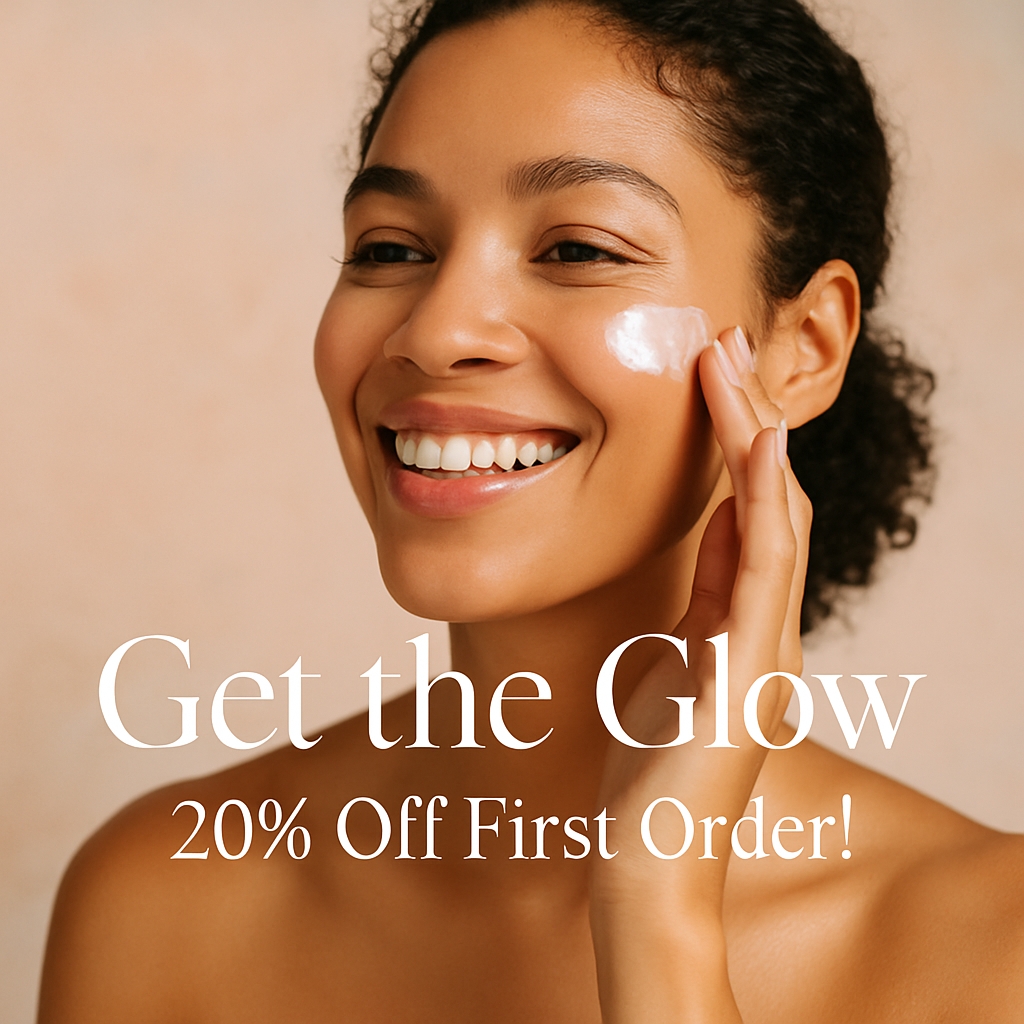 Radiant Smiling Woman Applying Skincare with Promotion Poster