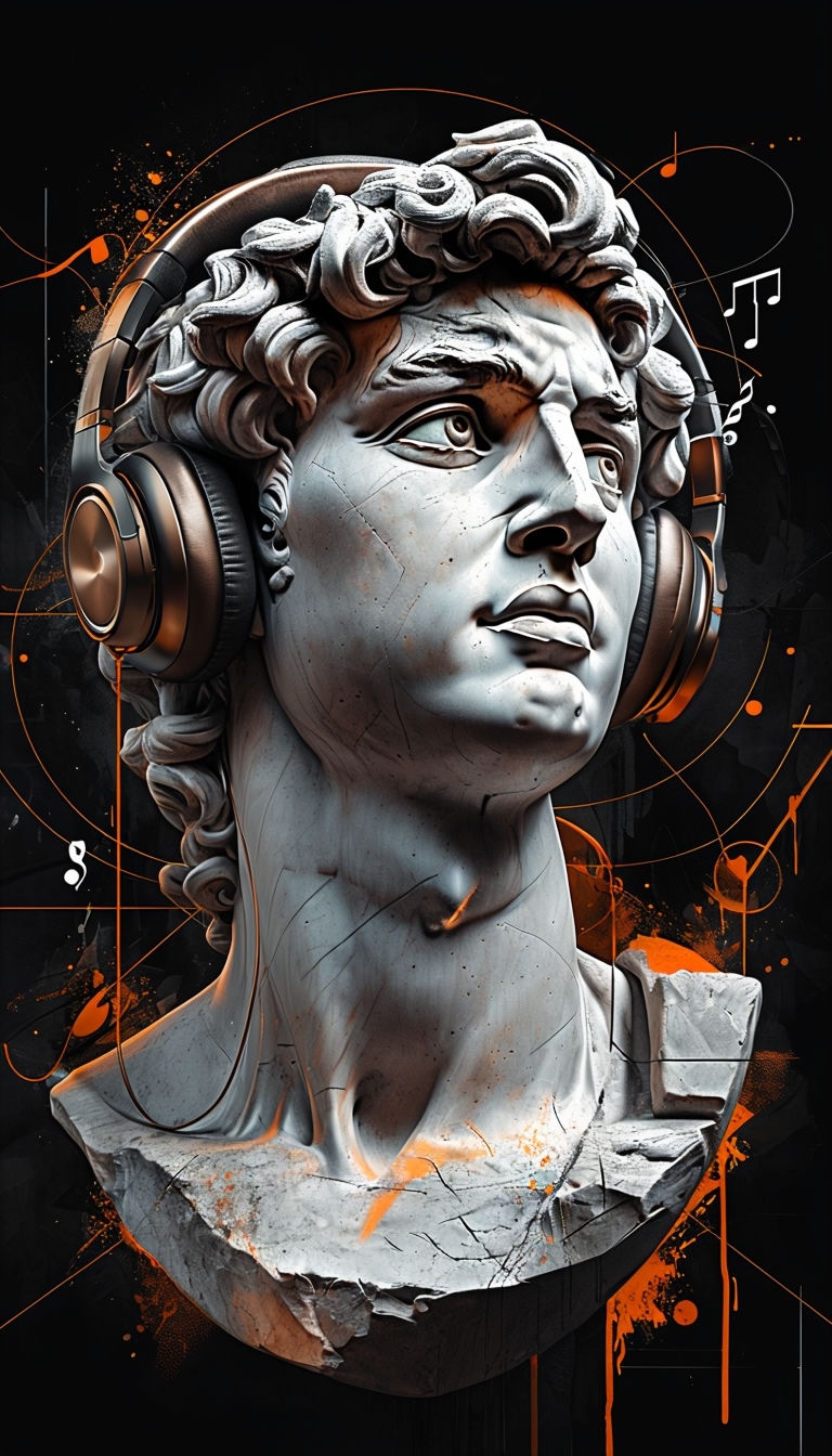 Modern Michelangelo's David with Headphones Digital Art Poster