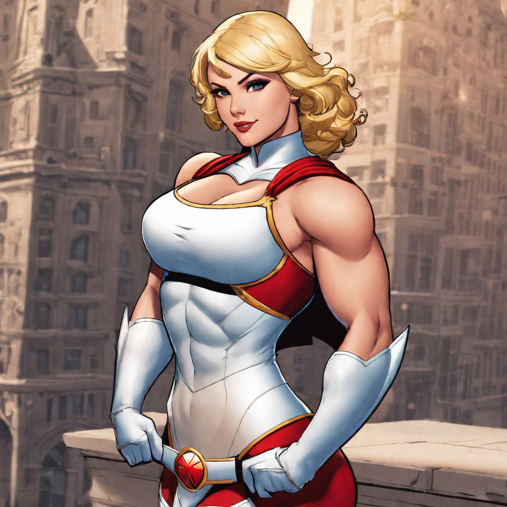 Powergirl exactly with that face. Wearing a white bikini and red cape.  Blondie hair. Very very short hair.