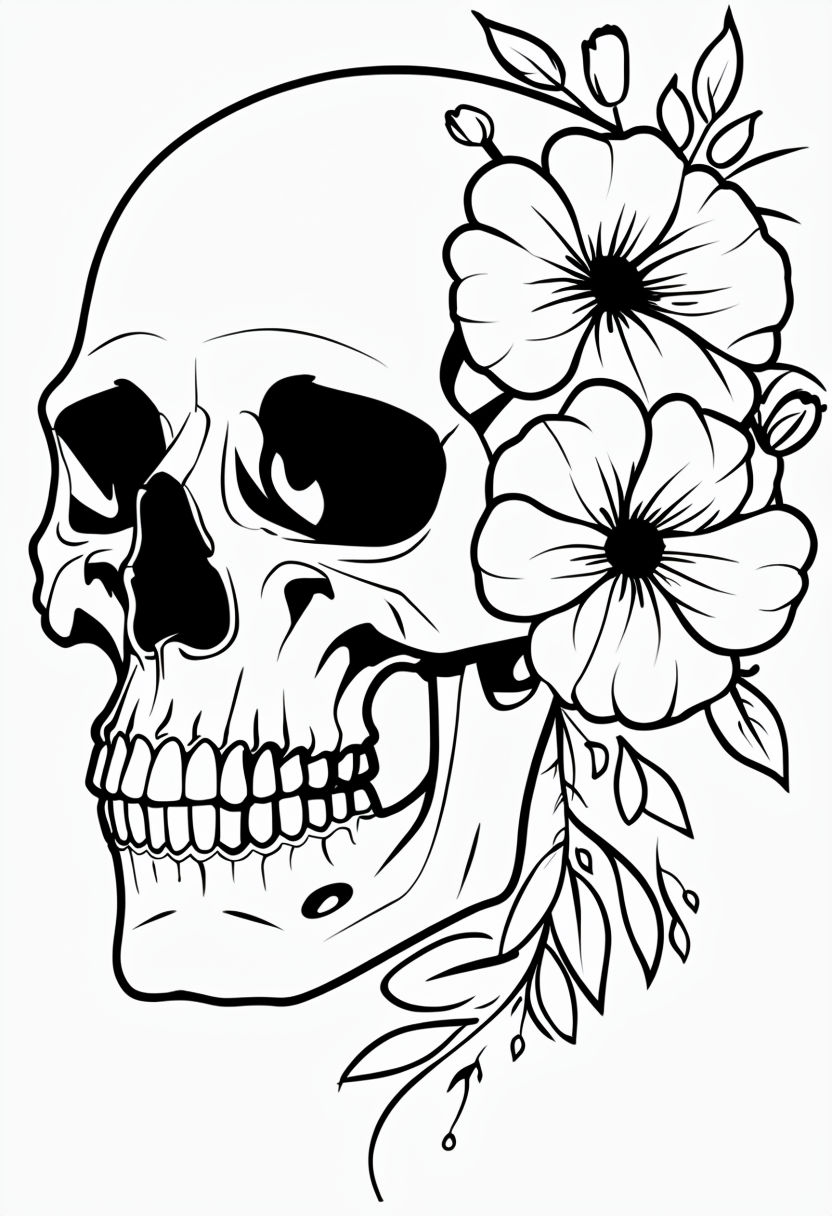 Stylized Skull with Floral Elements Line Art Coloring Page