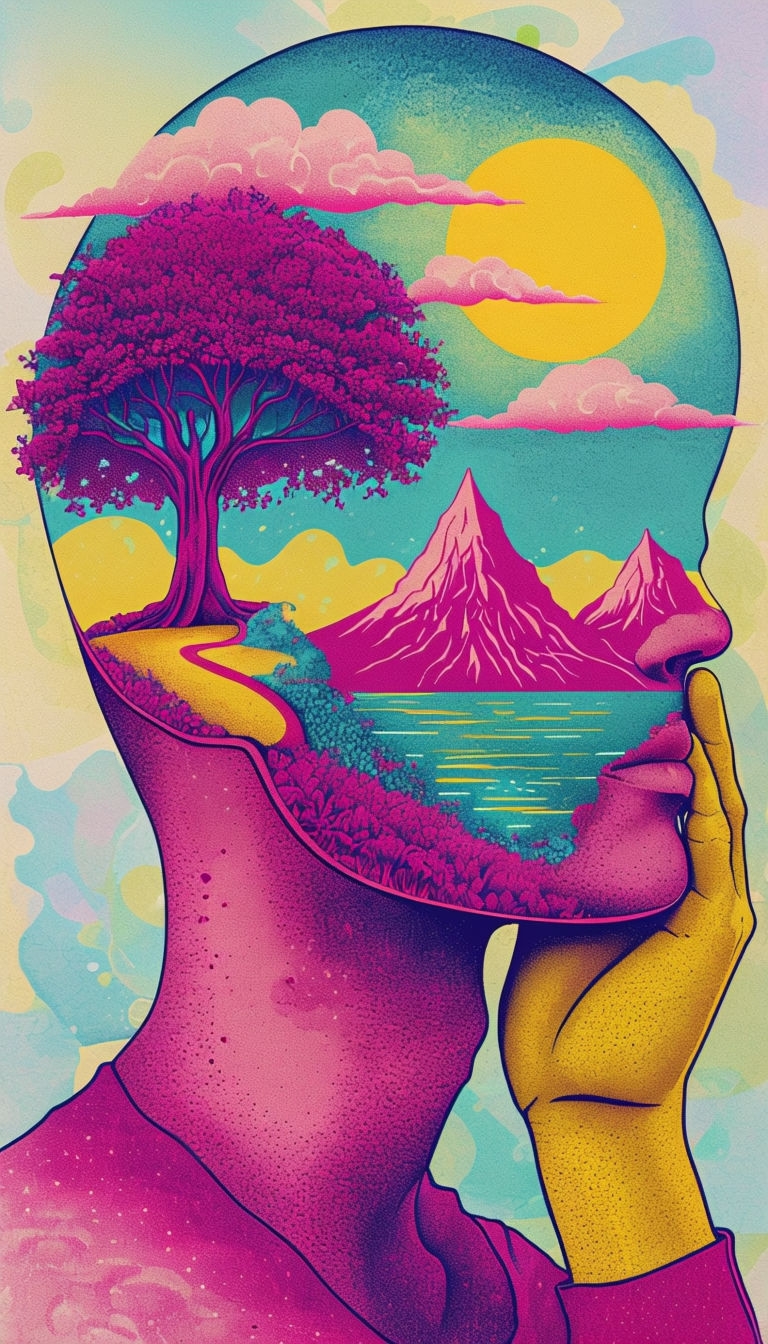 Psychedelic Pointillism Human Head with Nature Landscape Mobile Wallpaper