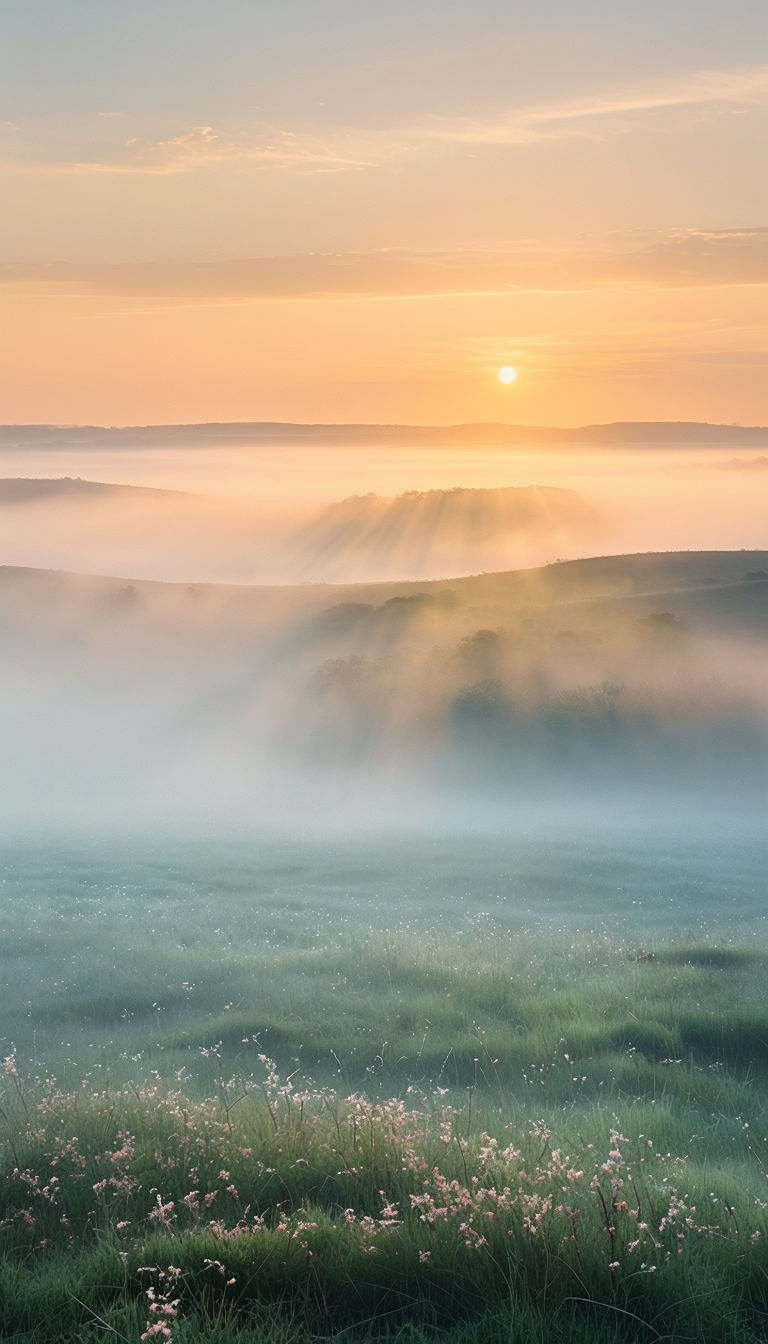 Tranquil Morning Landscape with Mist and Golden Light Mobile Wallpaper