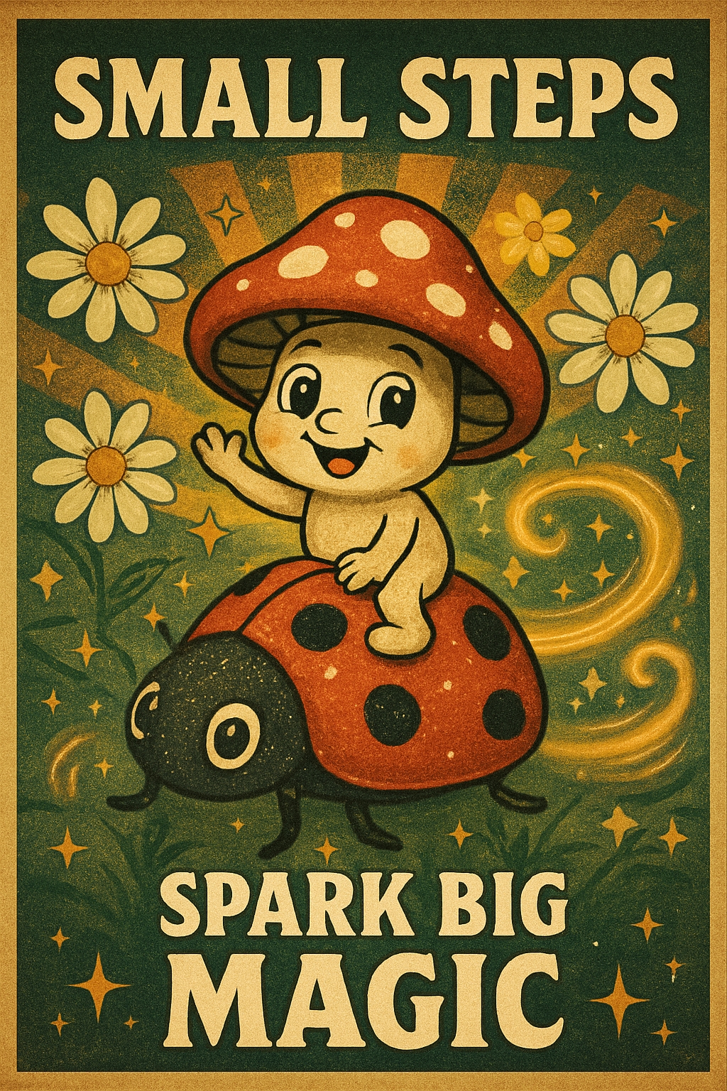 Cheerful Cartoon Character on Ladybug with Daisies Poster