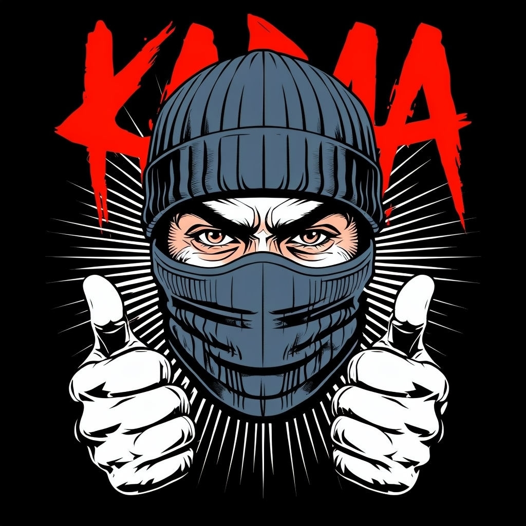 Karma Graphic Skullcap Illustration with Thumbs Up T-Shirt