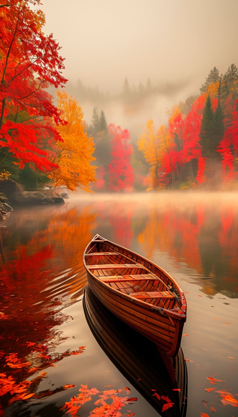 Tranquil Autumn Canoe on Serene Lake Reflection Mobile Wallpaper