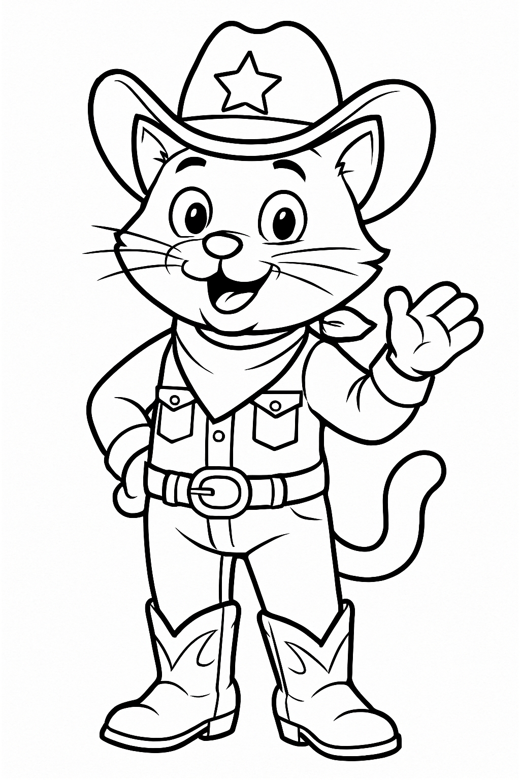 Cheerful Cowboy Cat Character Line Art for Coloring Book Pages