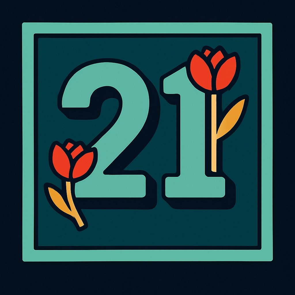 Bold Teal Number 21 with Flowers in Modern Design T-Shirt