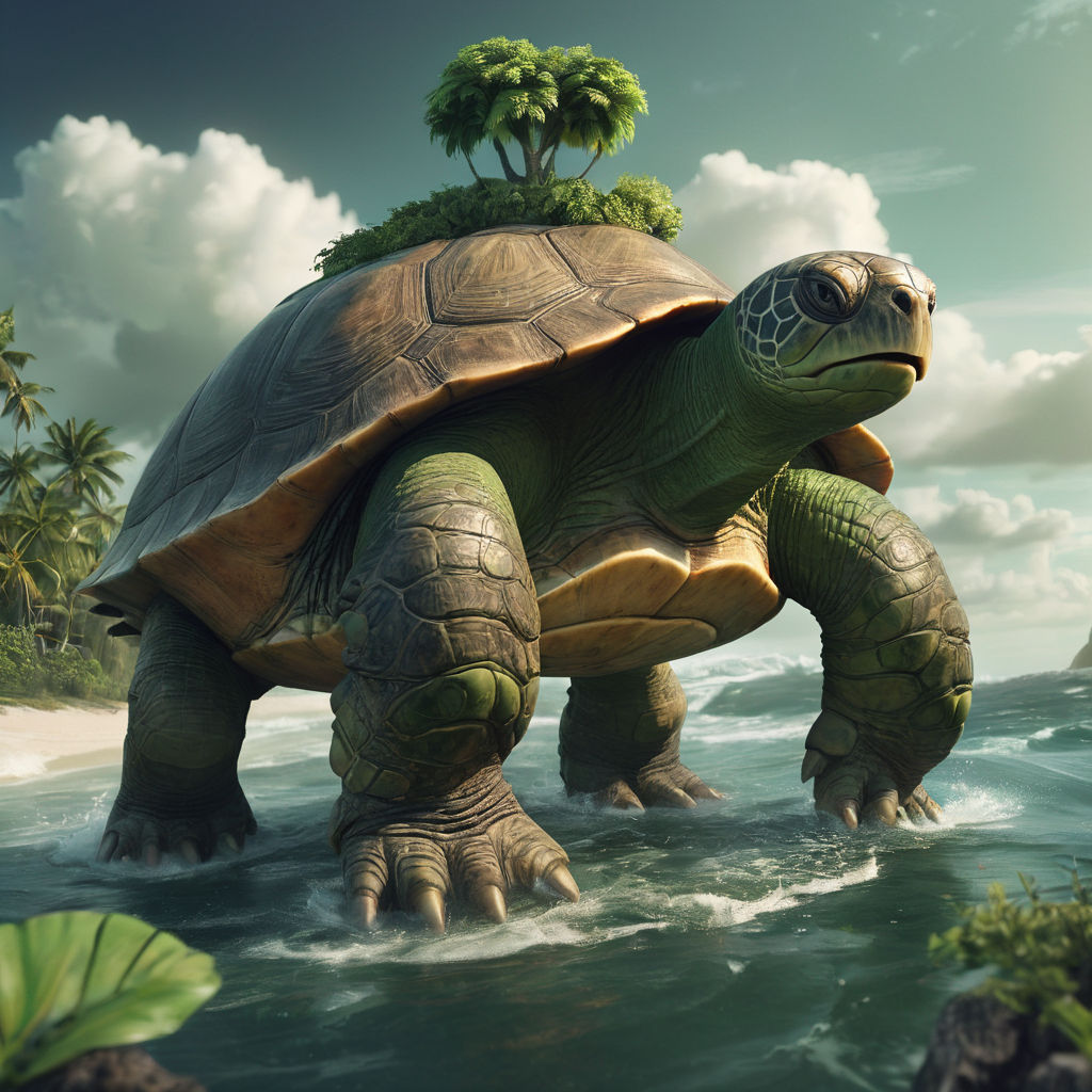 A extremely giant earth turtle that has a green tropical isl... by ...