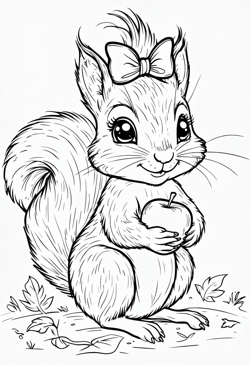 Cute Cartoon Squirrel Holding Apple Coloring Book Page