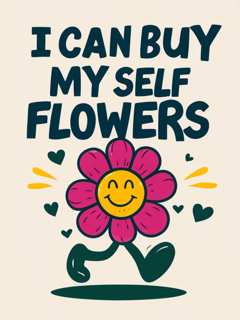 Cheerful Cartoon Flower with I Can Buy My Self Flowers Text Poster