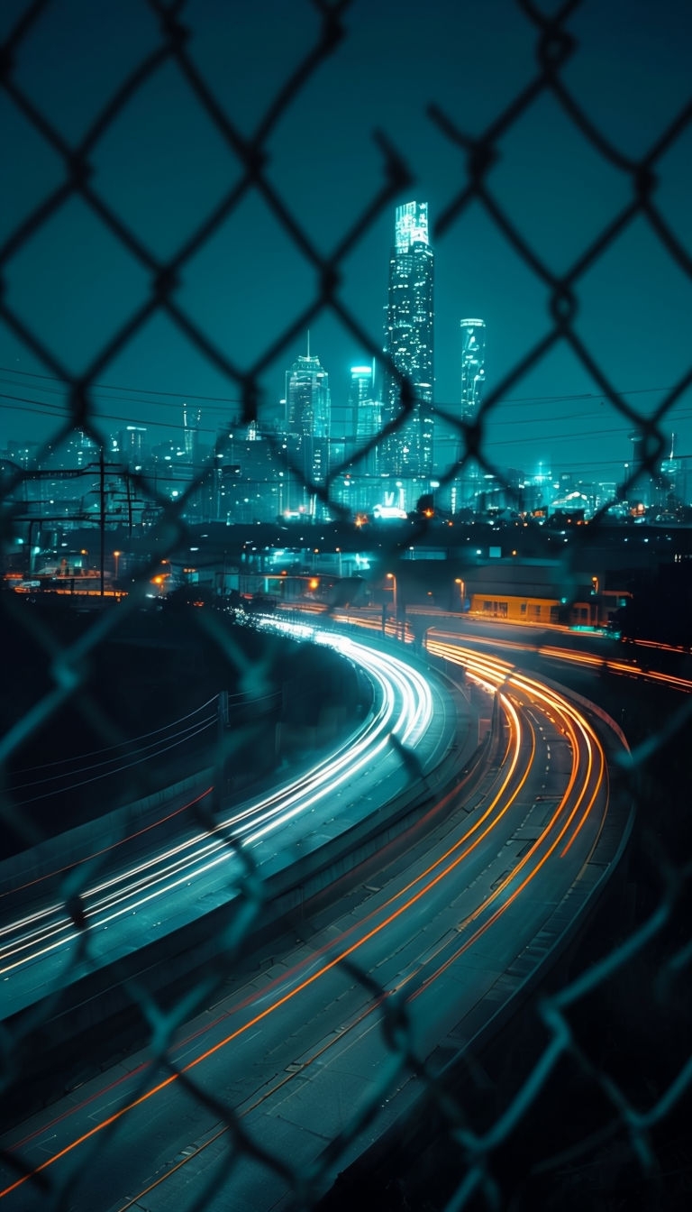Nighttime Cityscape with Light Trails Through Chain-Link Fence Mobile Wallpaper