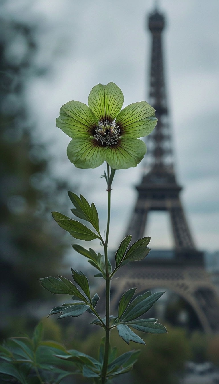Vibrant Lime-Green Flower with Eiffel Tower Background Mobile Wallpaper