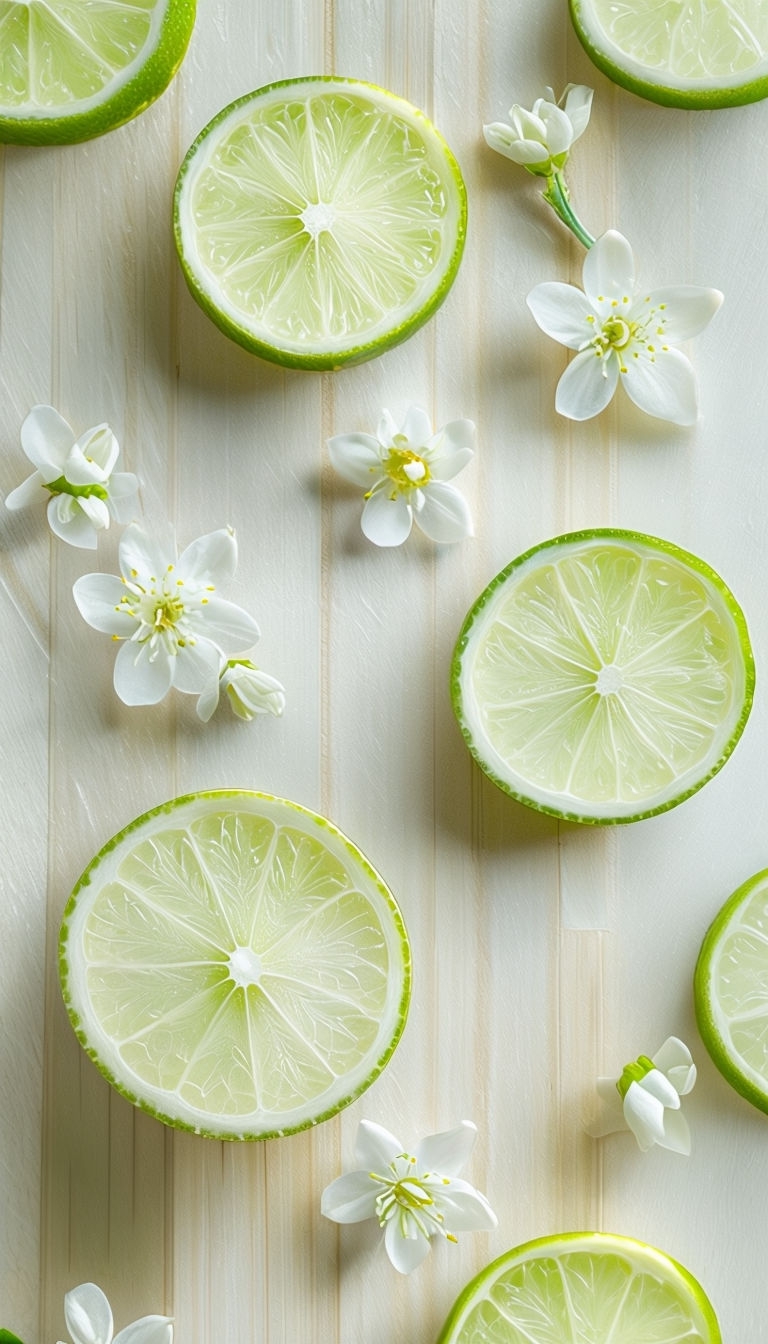 Vibrant Lime Slices and Jasmine Blossoms on Bamboo Surface Social Media Post