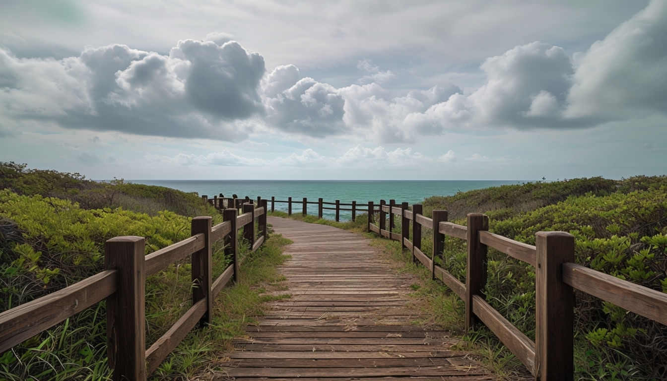 Serene Wooden Boardwalk Leading to the Ocean Virtual Backgrounds